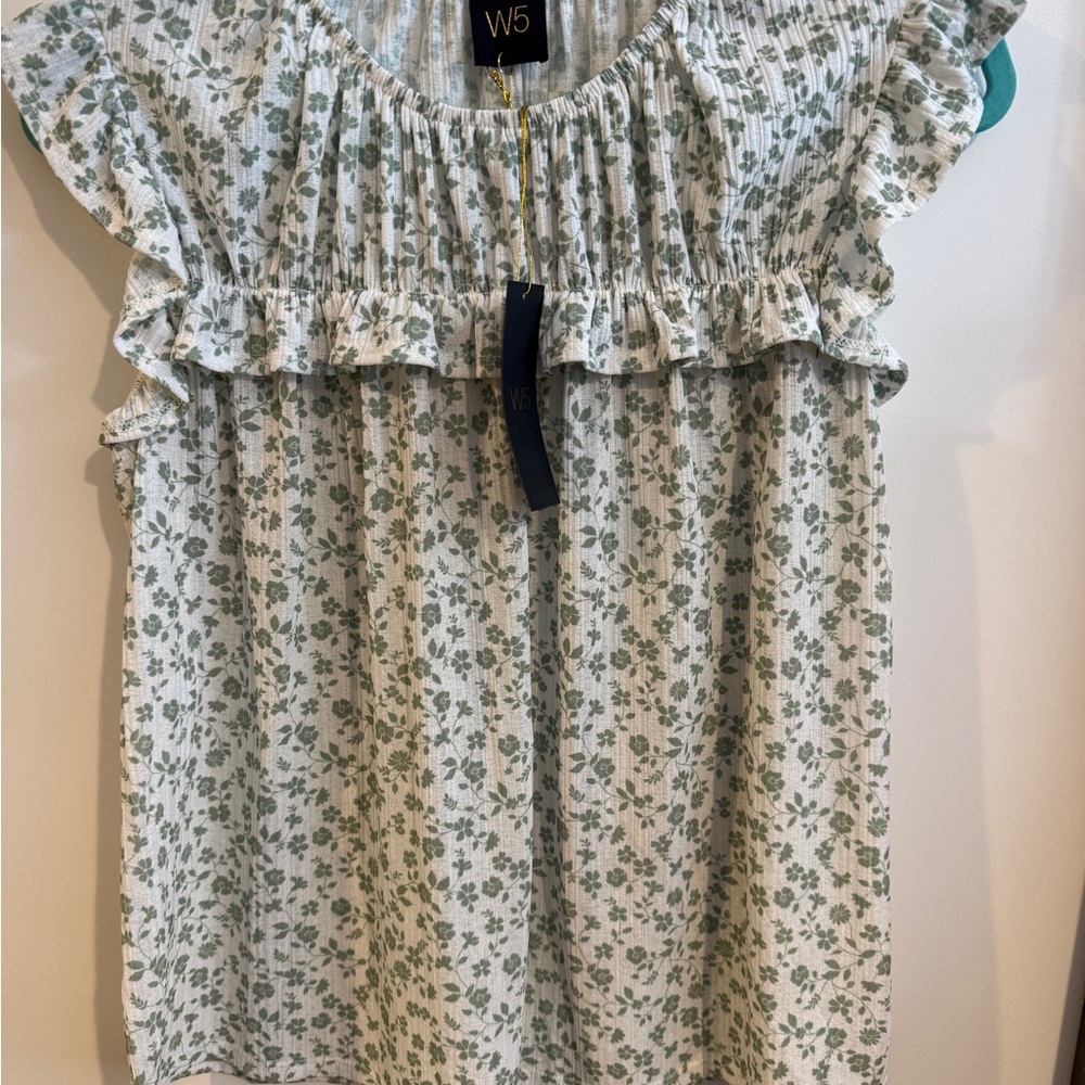 W5 White and Green Floral Blouse